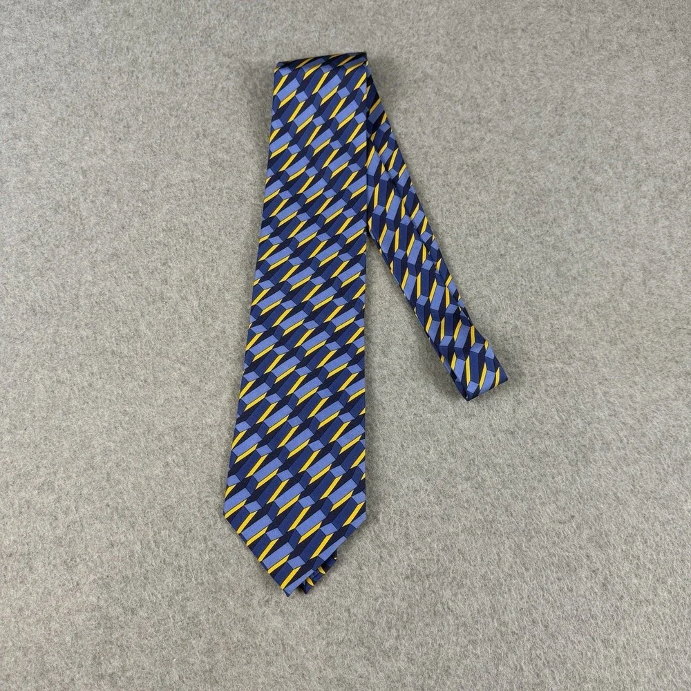Vintage Gucci Italy Silk Tie Blue Yellow Geometric Cube 100% Silk 56x3.75